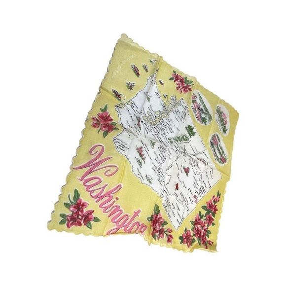 Vintage Ranshaw Handkerchief Souvenir State Washington Cotton Flower Map Scallop - Picture 1 of 4